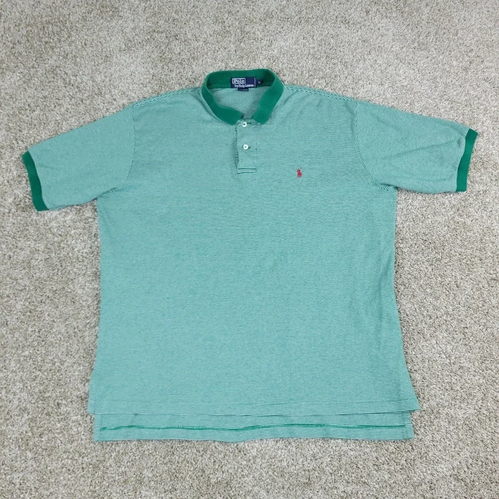 Vintage Polo‎ Ralph Lauren Mens Large Green White Striped Stretch Knit SS